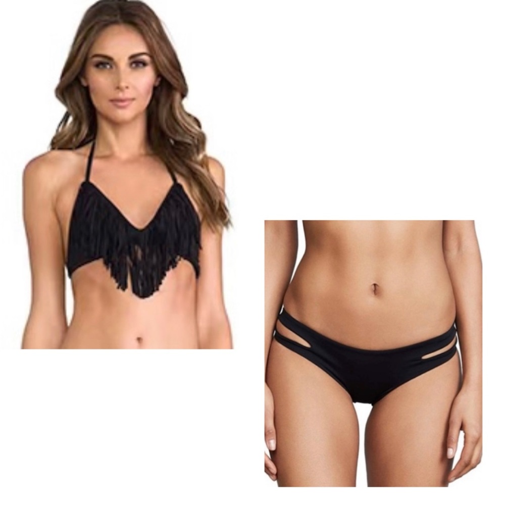 Revolve L Space Women’s Audrey Black Fringe Halter Top & Bikini Bottoms Swimsuit